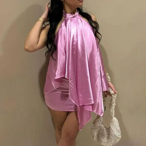 Pink satin halter handkerchief dress Women’s mini Dress Sz: Medium